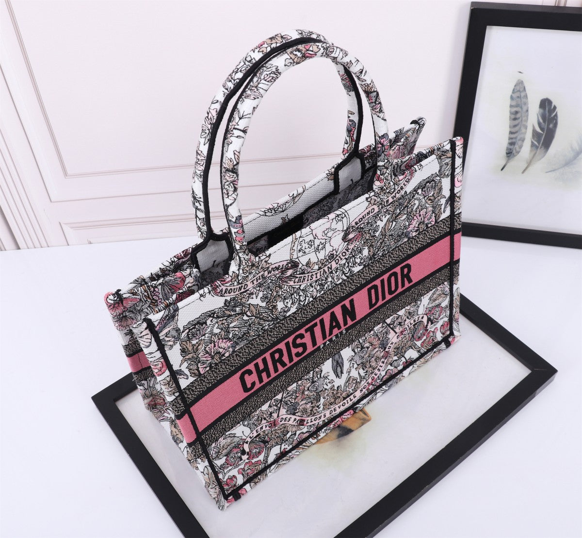 Dior Luxury Floral Embroidered Canvas Tote Bag with Pink Stripe Detail