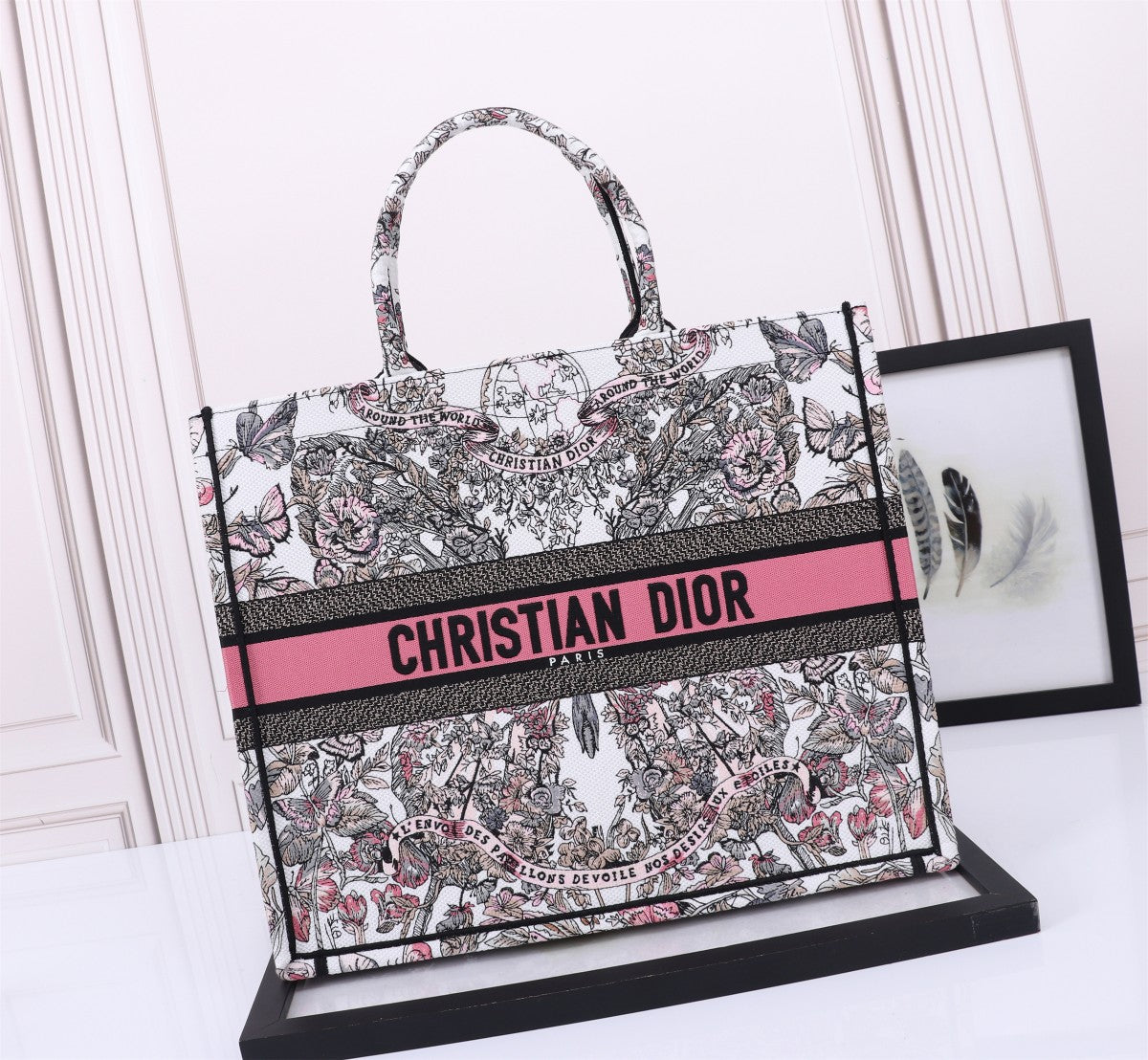 Dior Embroidered Floral Canvas Tote Bag with Pink Stripe Accent