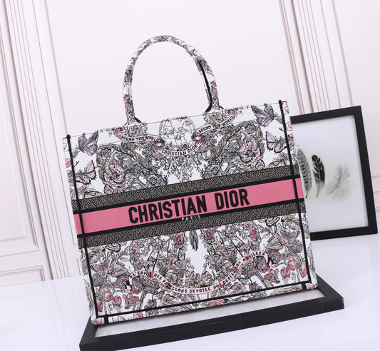 Dior Elegant Floral Pattern Canvas Tote Bag with Pink Accent Band