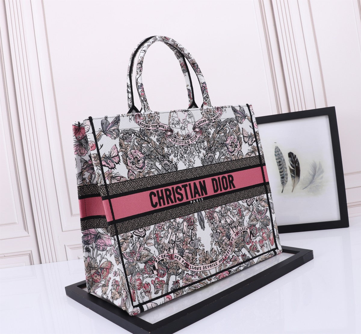Dior Embroidered Floral Canvas Tote Bag with Pink Stripe Accent