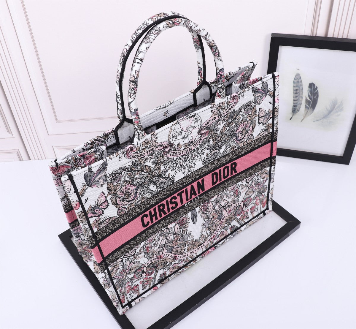 Dior Embroidered Floral Canvas Tote Bag with Pink Stripe Accent