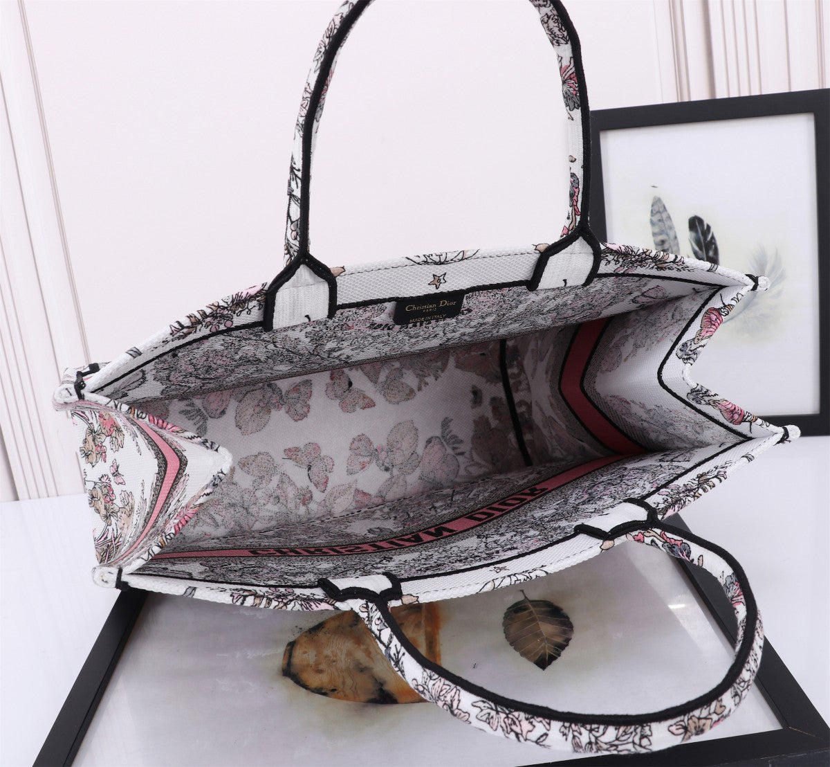 Dior Embroidered Floral Canvas Tote Bag with Pink Stripe Accent