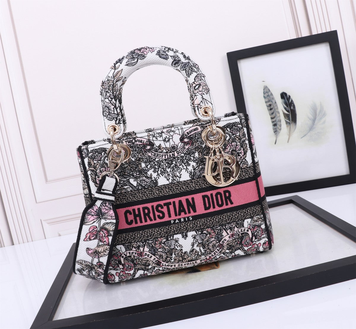 Dior Elegant Embroidered Floral Canvas Handbag with Top Handle