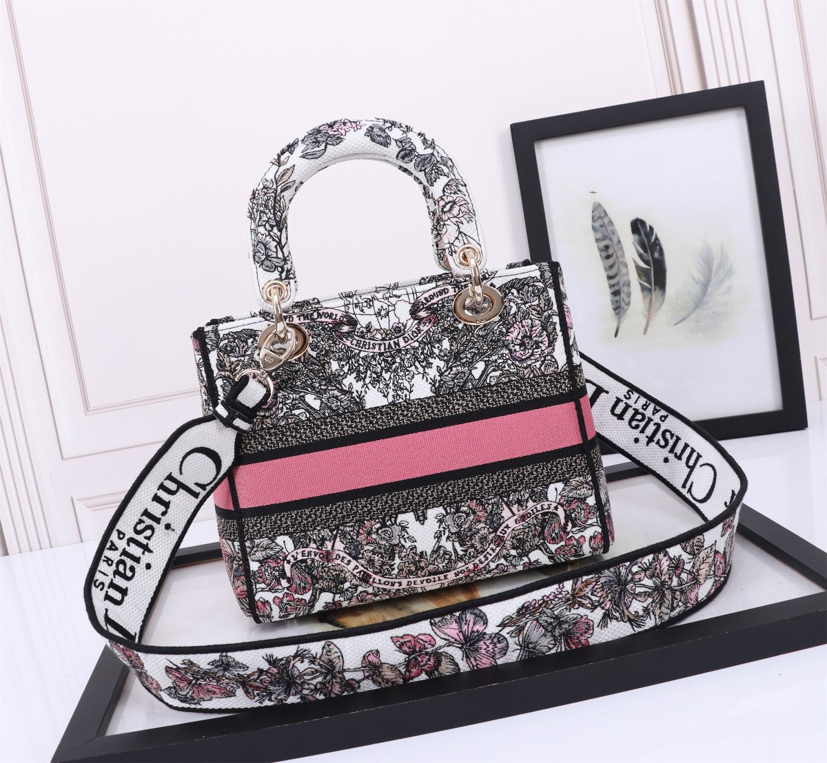 Dior Elegant Embroidered Floral Canvas Handbag with Top Handle