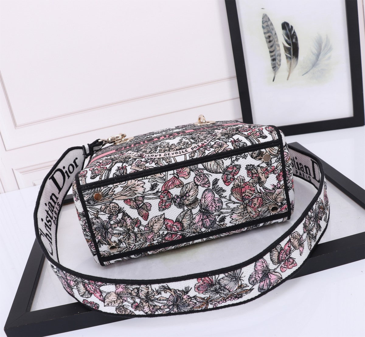 Dior Elegant Embroidered Floral Canvas Handbag with Top Handle