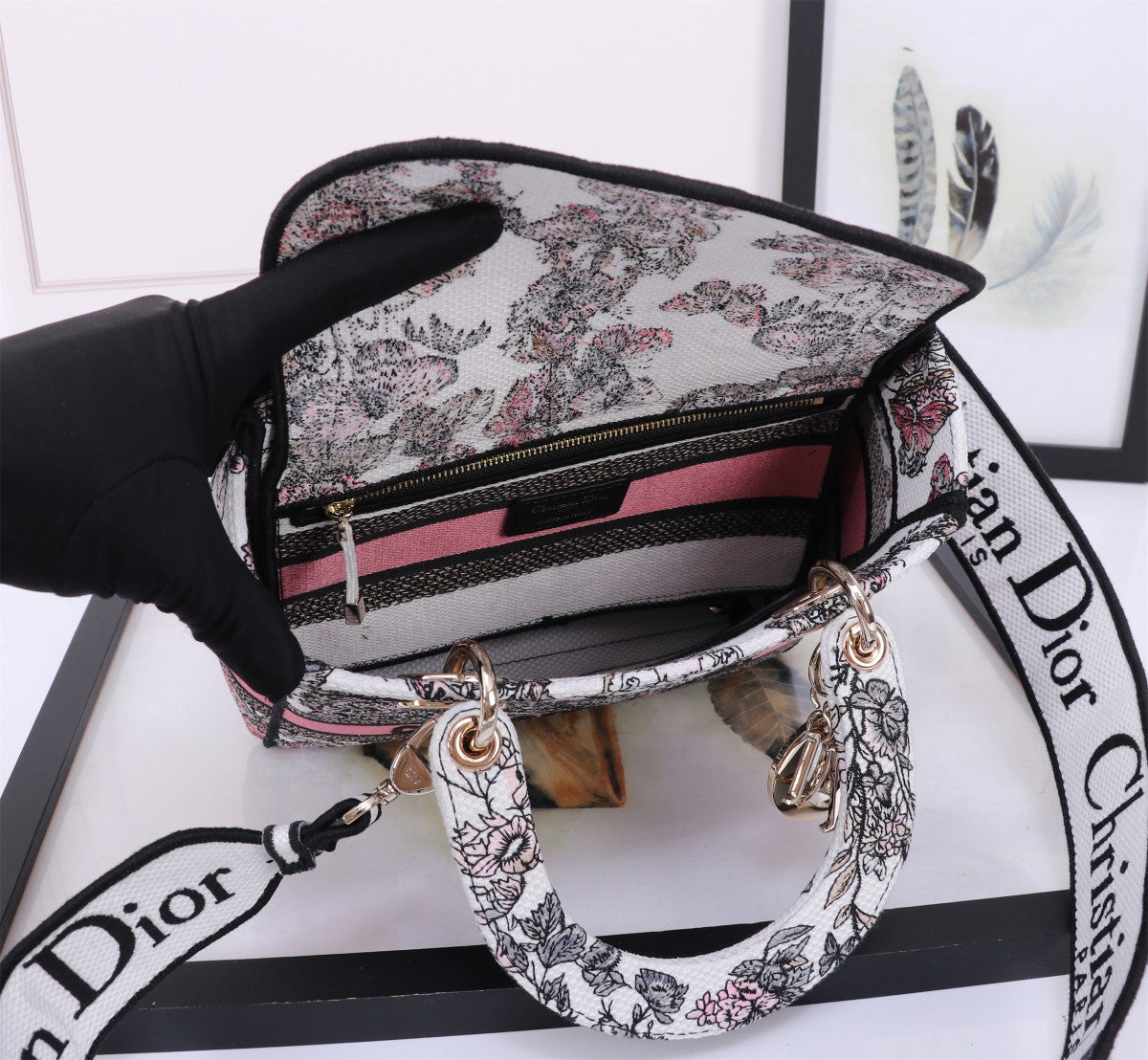 Dior Elegant Embroidered Floral Canvas Handbag with Top Handle