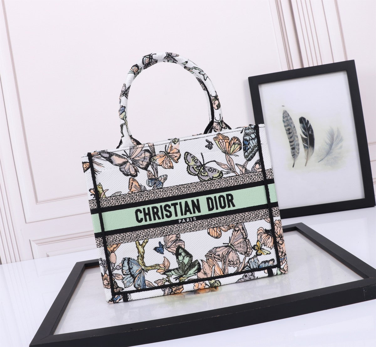 Dior Floral Butterfly Print Canvas Tote Handbag with Top Handles