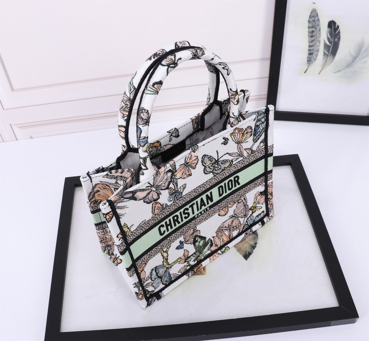 Dior Floral Butterfly Print Canvas Tote Handbag with Top Handles