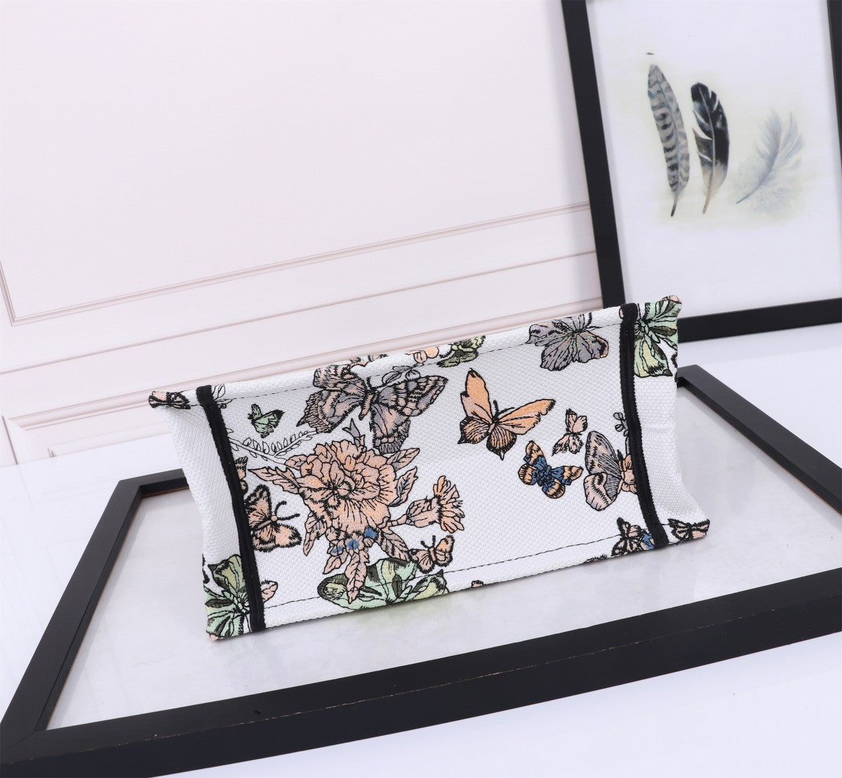 Dior Floral Butterfly Print Canvas Tote Handbag with Top Handles
