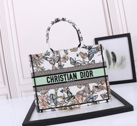 Dior Butterfly Floral Embroidered Canvas Tote Bag with Top Handle