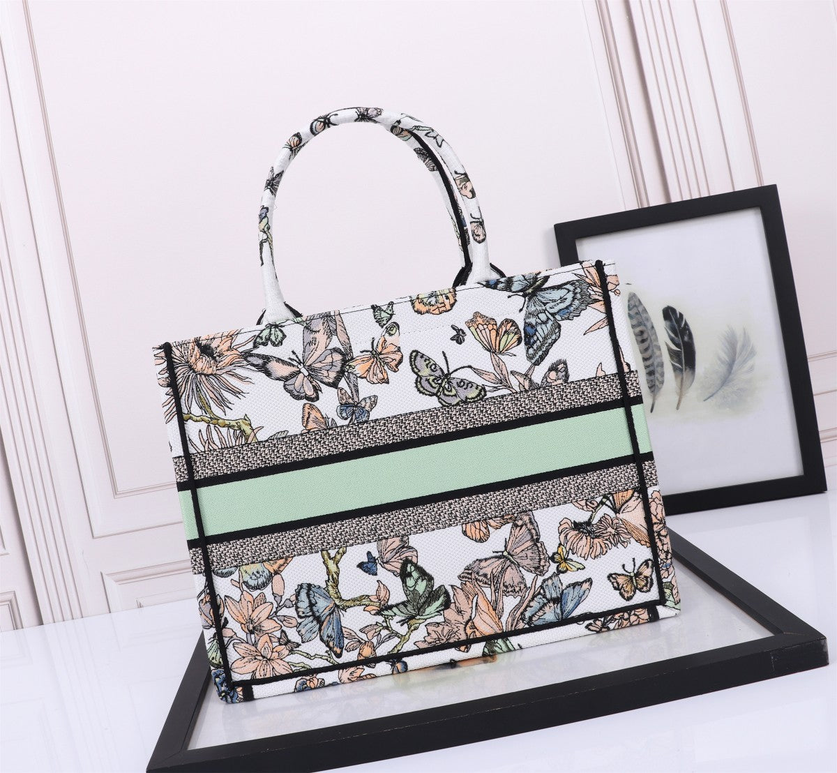 Dior Butterfly Floral Embroidered Canvas Tote Bag with Top Handle