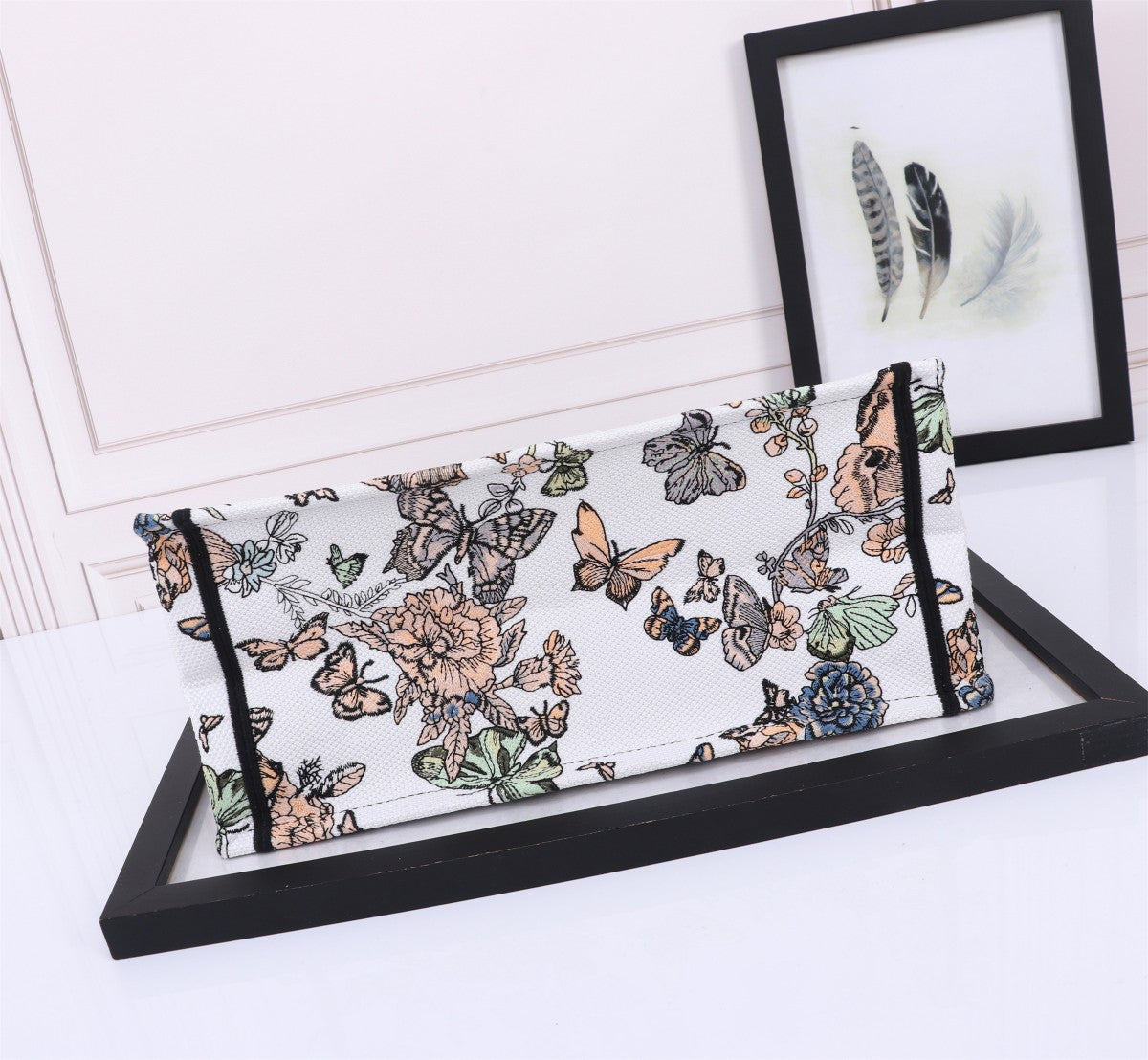 Dior Butterfly Floral Embroidered Canvas Tote Bag with Top Handle