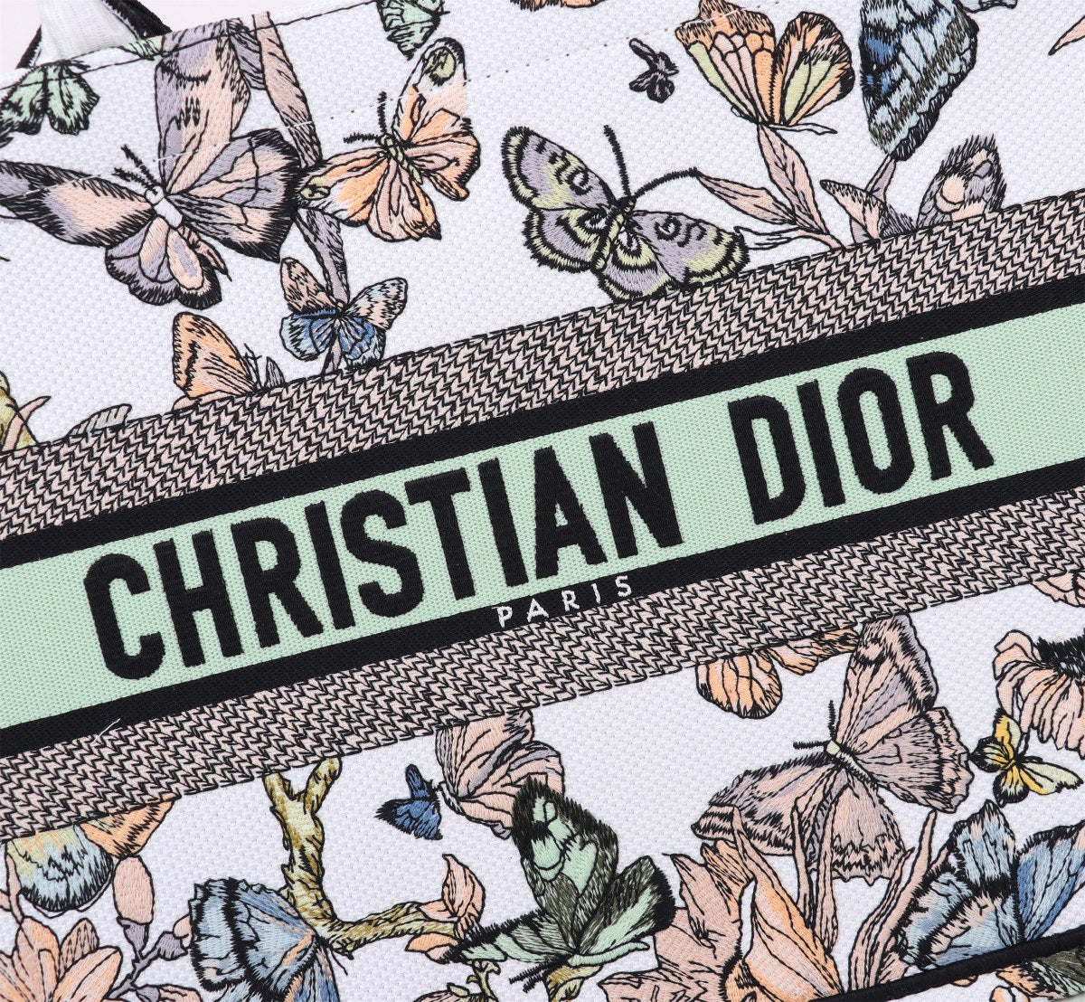 Dior Butterfly Floral Embroidered Canvas Tote Bag with Top Handle