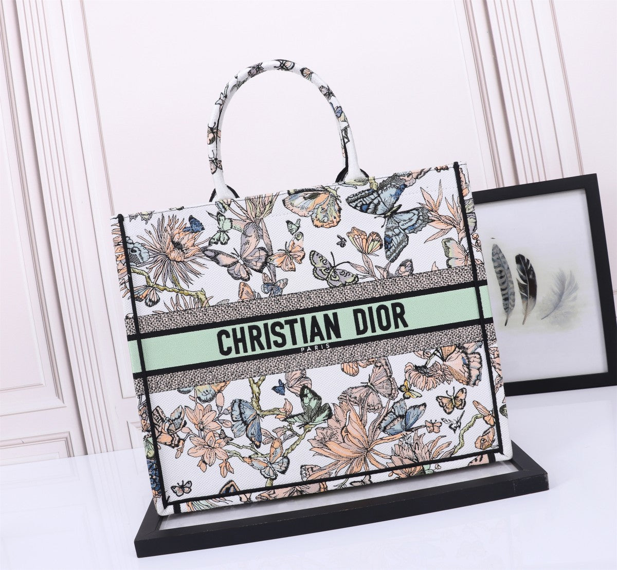 Dior Vintage Butterfly and Floral Canvas Tote Bag with Top Handle