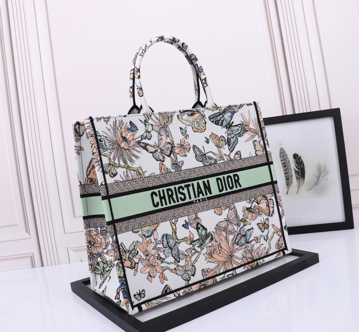 Dior Vintage Butterfly and Floral Canvas Tote Bag with Top Handle