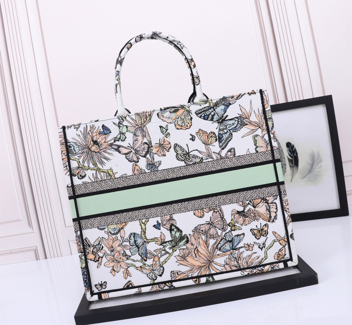 Dior Vintage Butterfly and Floral Embroidered Canvas Tote Bag