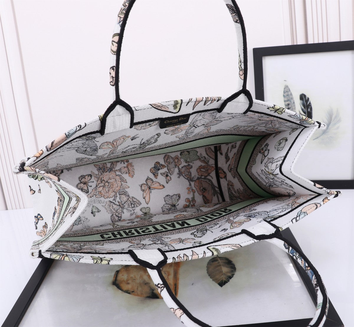 Dior Vintage Butterfly and Floral Embroidered Canvas Tote Bag
