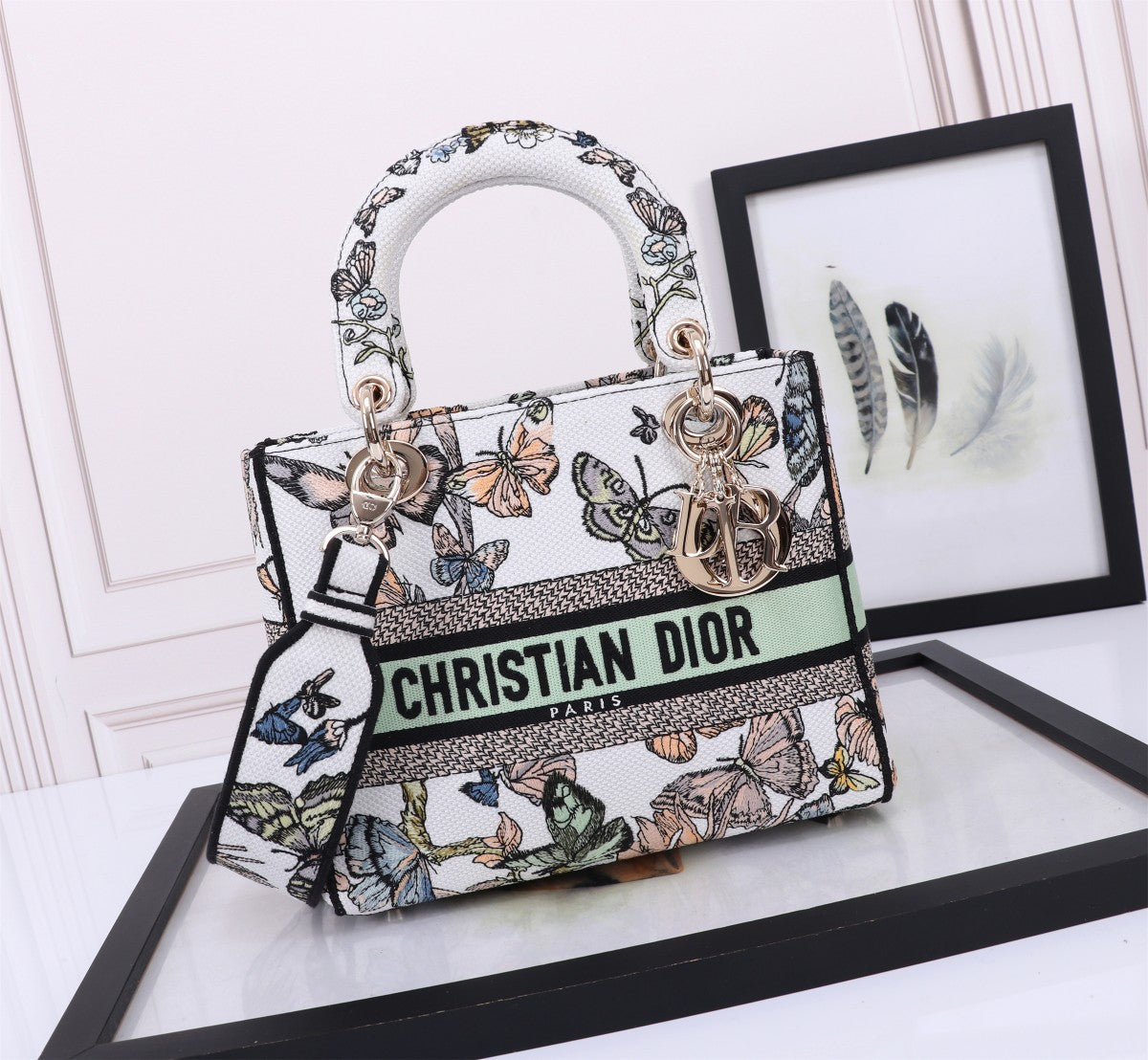 Dior Elegant Butterfly Pattern Canvas Satchel Bag with Shoulder Strap