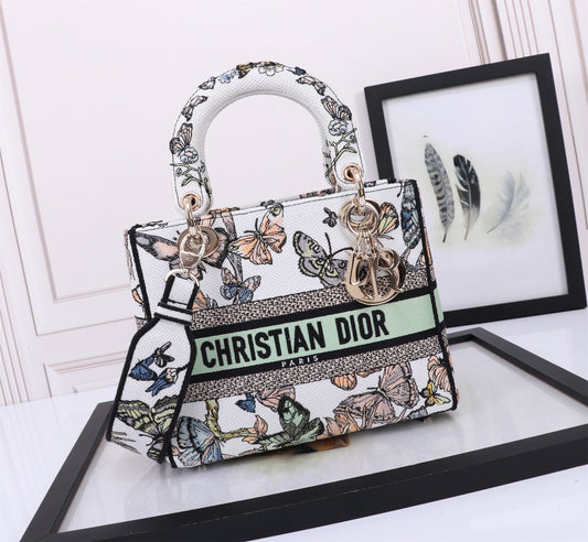 Dior Butterfly Print Canvas Top Handle Handbag with Shoulder Strap