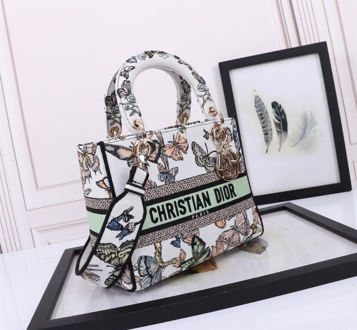 Dior Butterfly Print Canvas Top Handle Handbag with Shoulder Strap