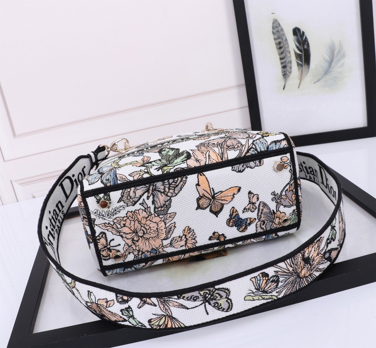 Dior Elegant Butterfly Pattern Canvas Satchel Bag with Shoulder Strap