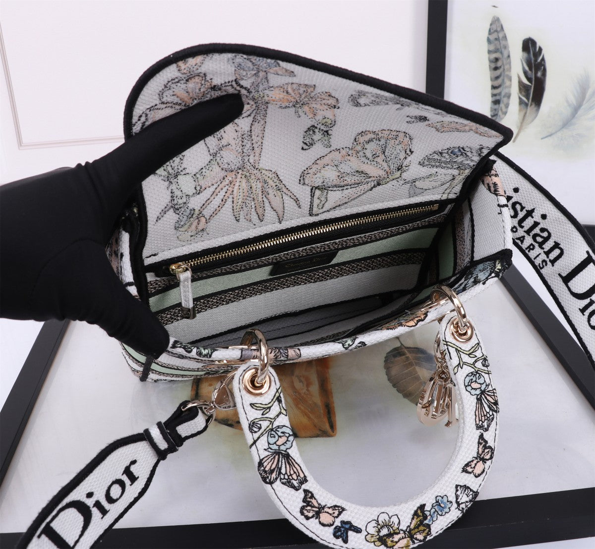 Dior Butterfly Print Canvas Top Handle Handbag with Shoulder Strap
