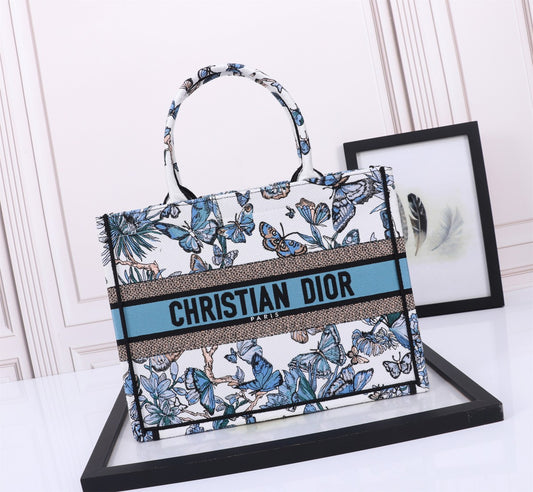 Christian Dior Medium Book Tote with Blue Butterfly Embroidery