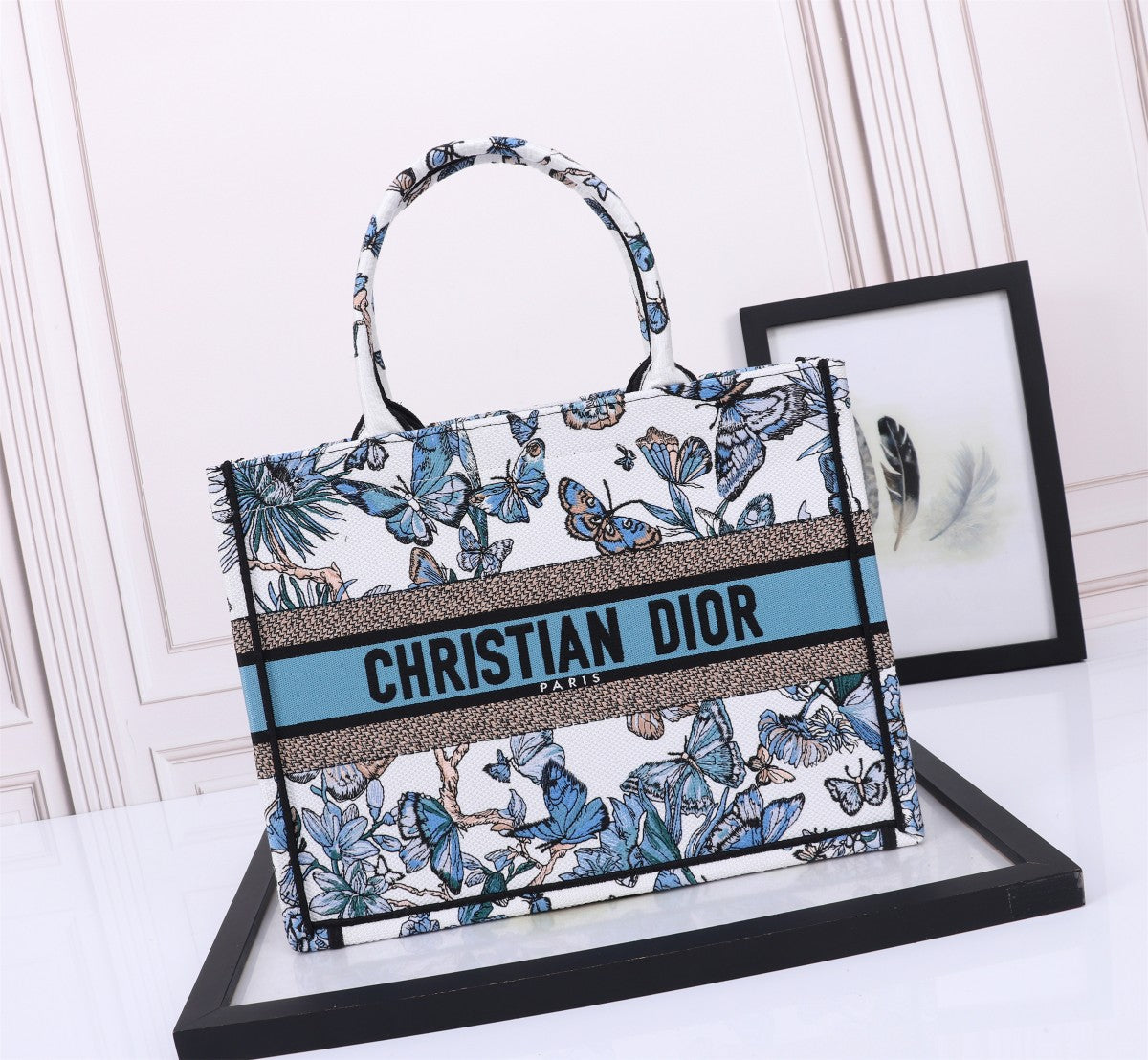 Dior Elegant Blue Butterfly Print Canvas Tote Bag with Handles