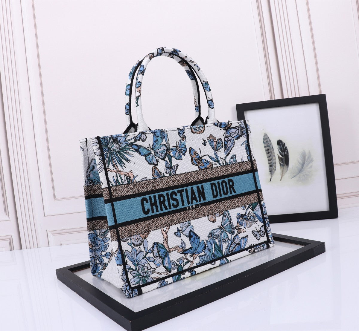 Dior Elegant Blue Butterfly Print Canvas Tote Bag with Top Handle