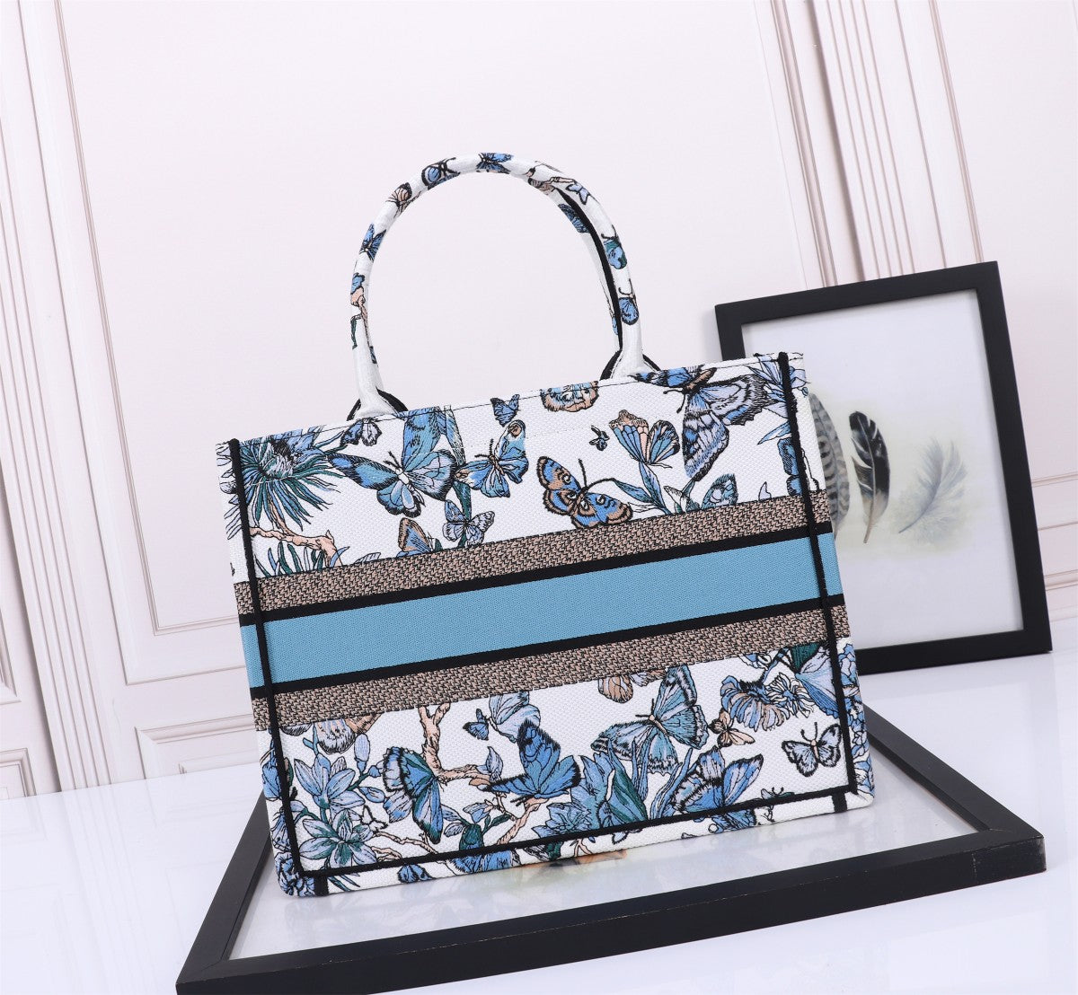 Dior Elegant Blue Butterfly Print Canvas Tote Bag with Handles
