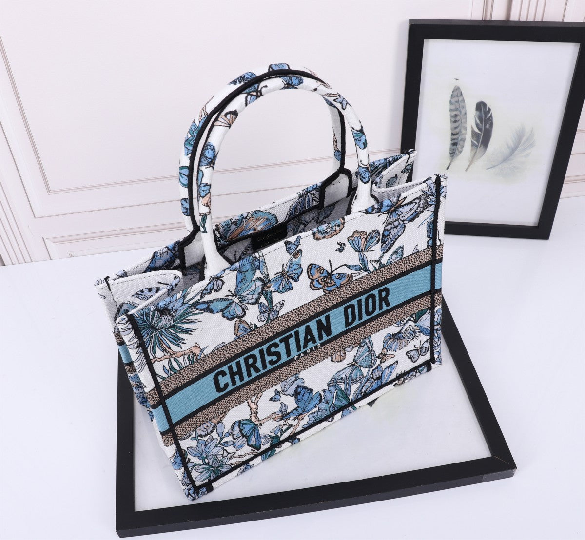 Christian Dior Medium Book Tote with Blue Butterfly Embroidery