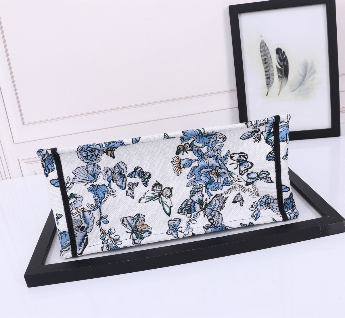 Dior Elegant Blue Butterfly Print Canvas Tote Bag with Handles