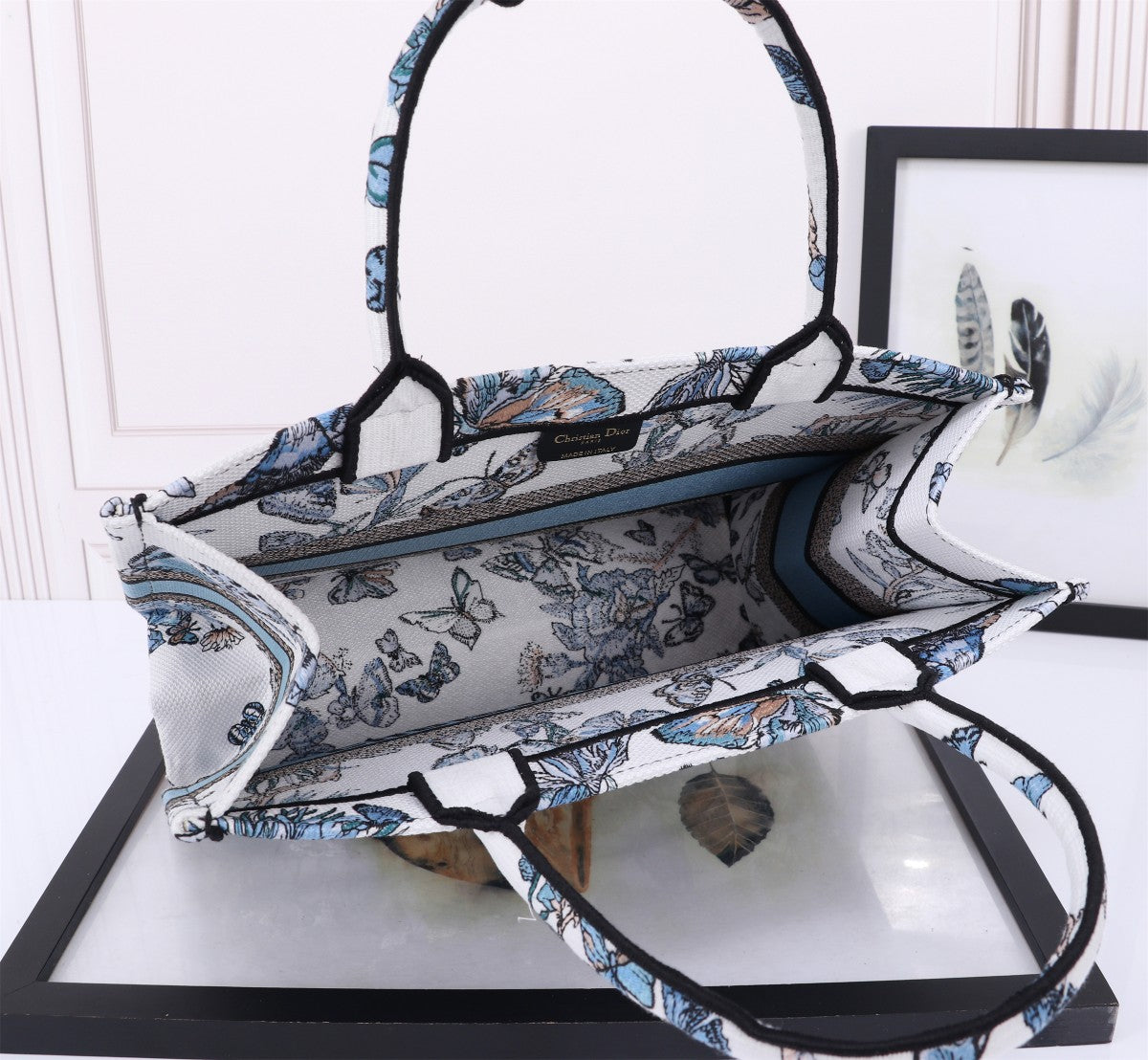 Christian Dior Blue Butterfly Embroidered Canvas Book Tote Bag