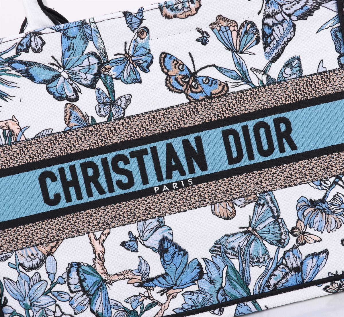 Dior Elegant Blue Butterfly Print Canvas Tote Bag with Top Handle