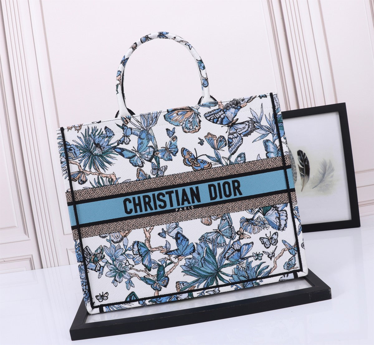 Dior Blue and White Butterfly Floral Embroidered Canvas Tote Bag