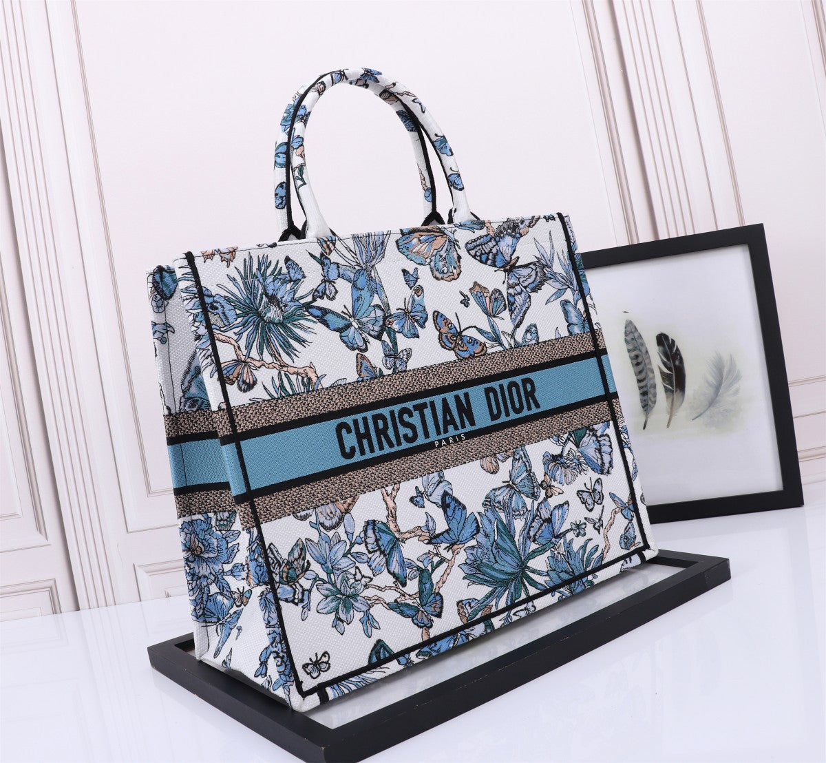 Dior Blue and White Butterfly Floral Embroidered Canvas Tote Bag