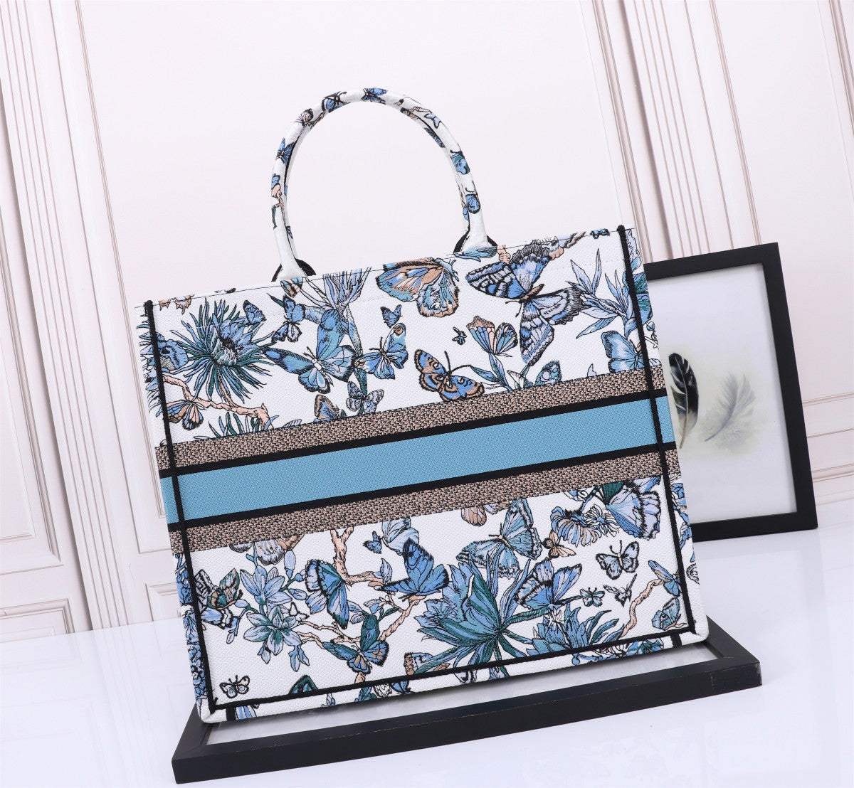 Dior Blue and White Butterfly Floral Embroidered Canvas Tote Bag
