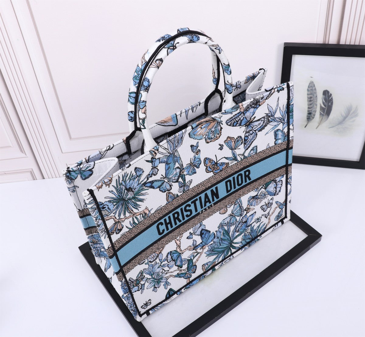 Dior Blue and White Butterfly Floral Embroidered Canvas Tote Bag