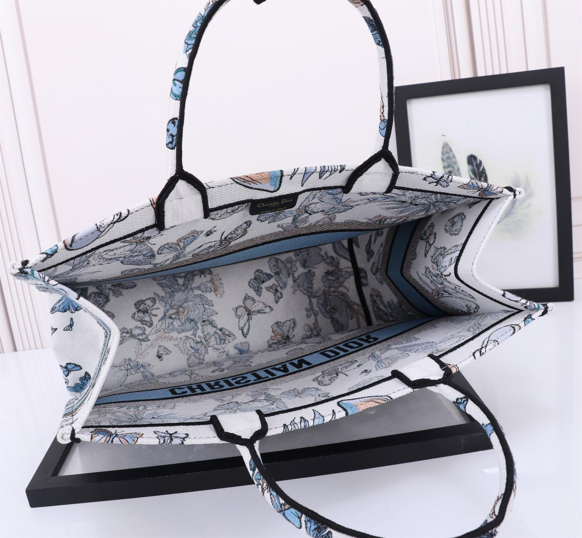 Dior Blue and White Butterfly Floral Embroidered Canvas Tote Bag