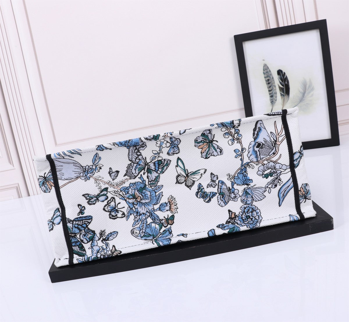 Dior Elegant Blue and White Butterfly Floral Canvas Tote Handbag