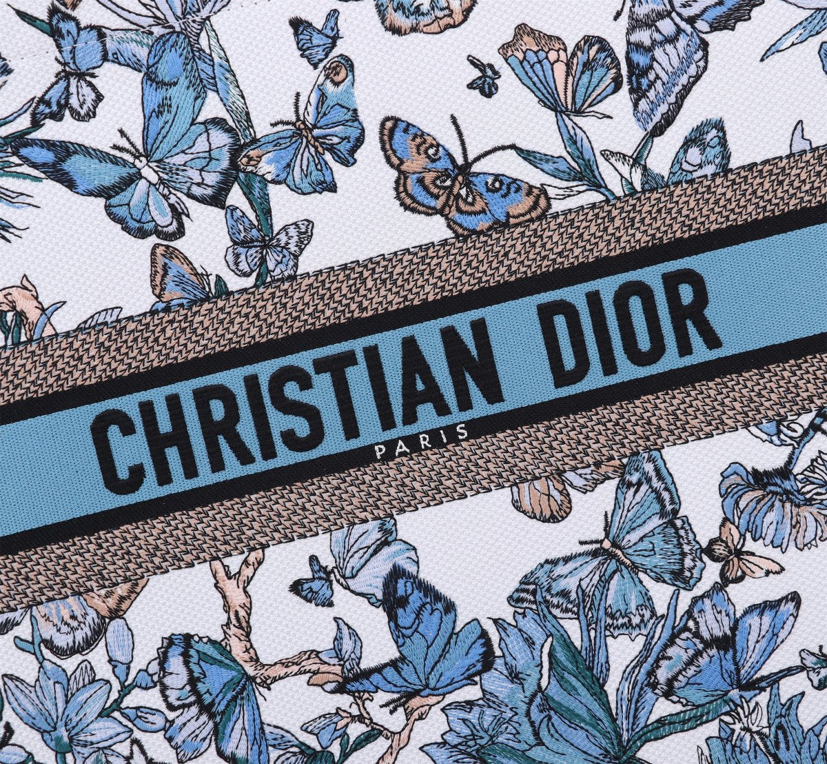 Dior Elegant Blue and White Butterfly Floral Canvas Tote Handbag
