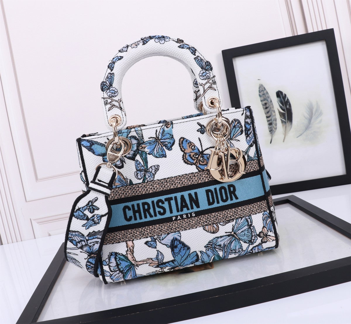 Dior Elegant Blue Butterfly Print Canvas Handbag with Shoulder Strap