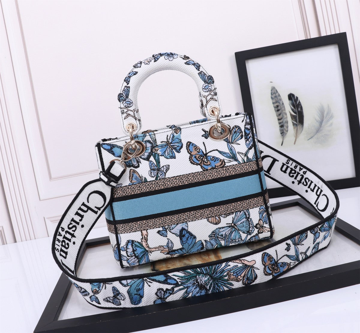Dior Elegant Blue Butterfly Print Canvas Handbag with Shoulder Strap