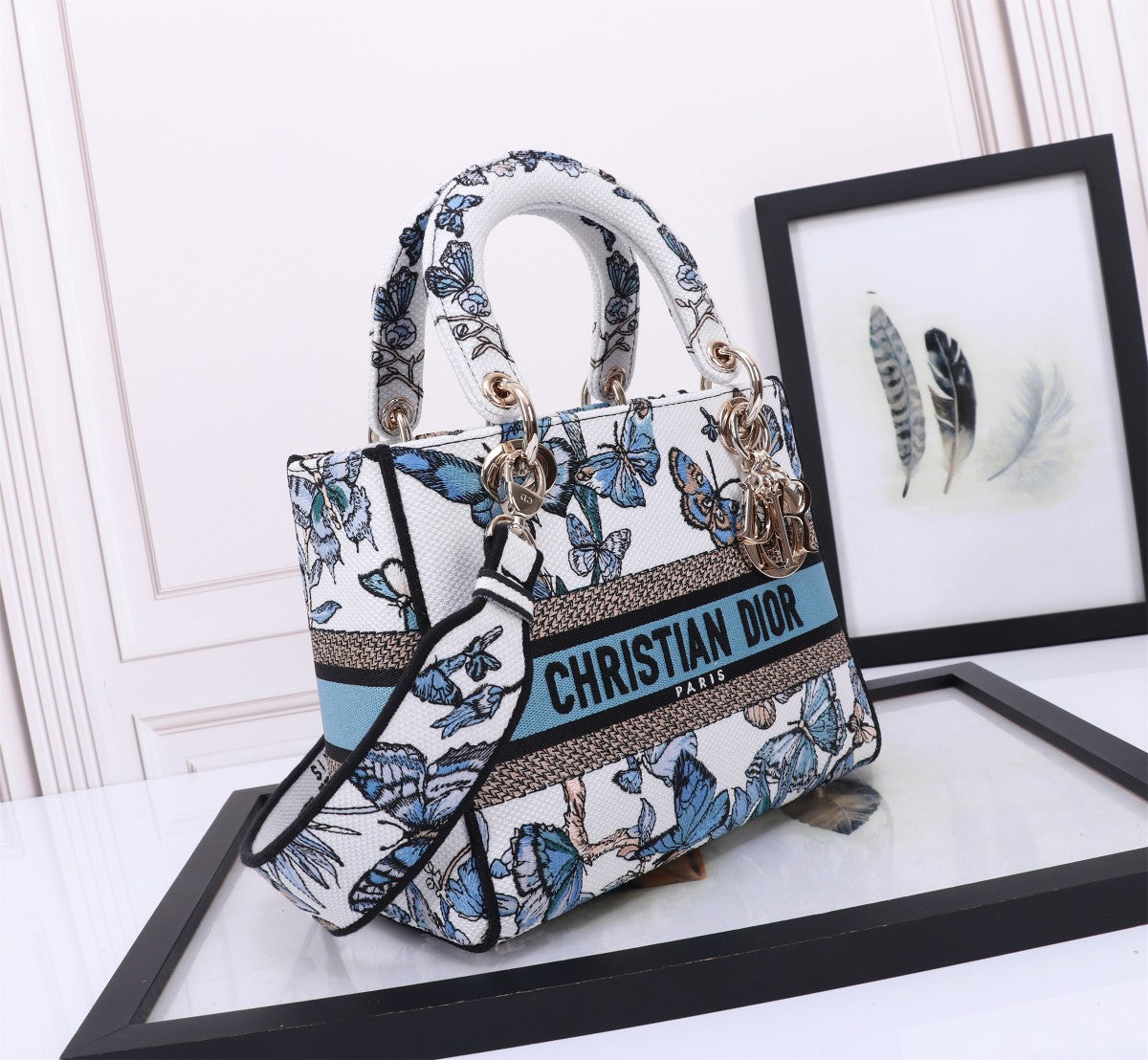 Dior Elegant Blue Butterfly Print Canvas Handbag with Shoulder Strap
