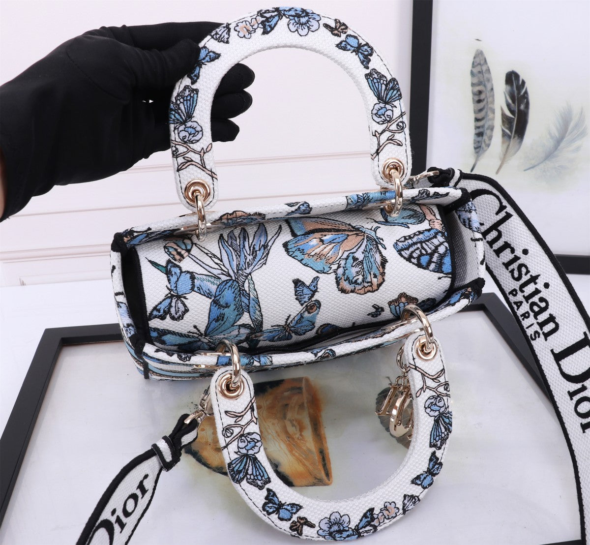 Dior Elegant Blue Butterfly Print Canvas Handbag with Shoulder Strap