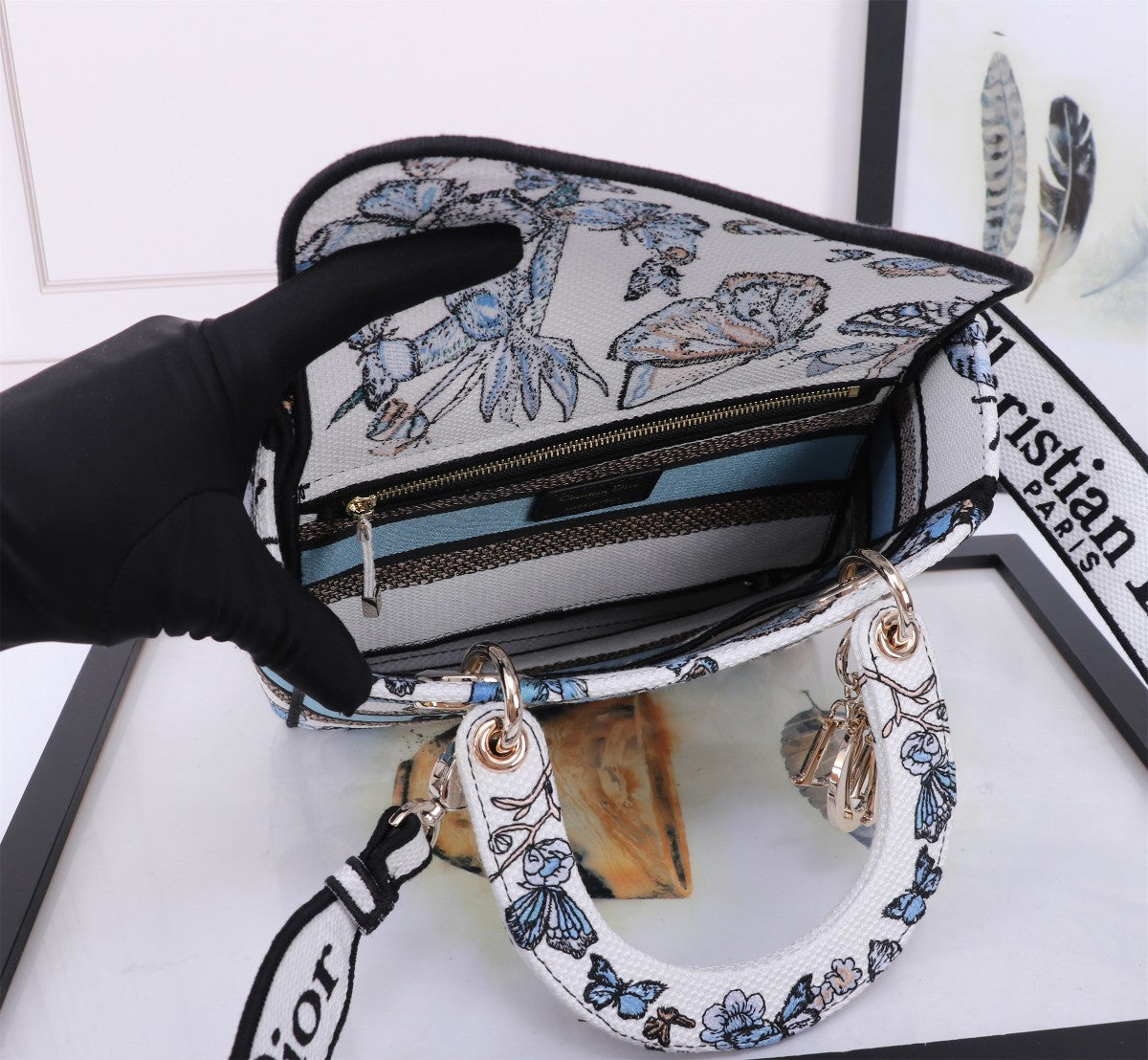 Dior Elegant Blue Butterfly Print Canvas Top Handle Handbag