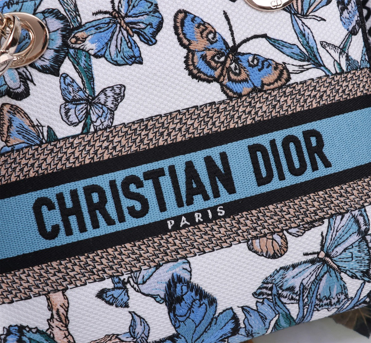Dior Elegant Blue Butterfly Print Canvas Handbag with Shoulder Strap