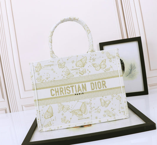 Christian Dior Medium Book Tote - White and Gold Butterfly Embroidery
