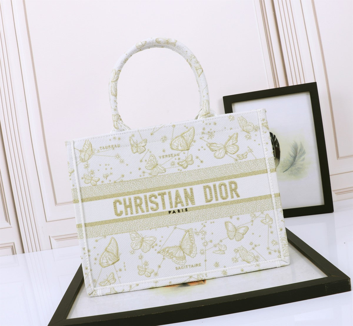 Dior Elegant Butterfly Print Canvas Tote Bag with Top Handles