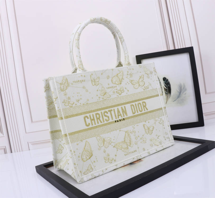 Christian Dior Medium Book Tote - White and Gold Butterfly Embroidery